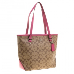 Coach Beige/Pink Signature Canvas and Leather Tote