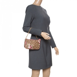 Pre Owned Coach Brown/Pink Floral Print Signature Coated Canvas and Leather Clutch 