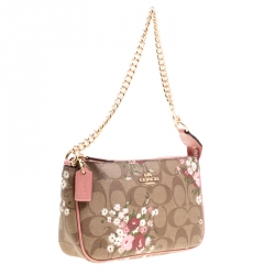 Pre Owned Coach Brown/Pink Floral Print Signature Coated Canvas and Leather Clutch 