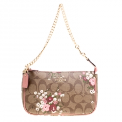 Pre Owned Coach Brown/Pink Floral Print Signature Coated Canvas and Leather Clutch 
