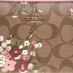 Pre Owned Coach Brown/Pink Floral Print Signature Coated Canvas and Leather Clutch 