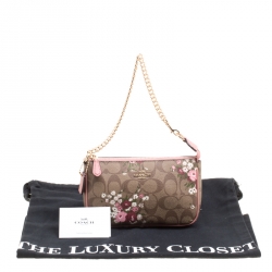 Pre Owned Coach Brown/Pink Floral Print Signature Coated Canvas and Leather Clutch 