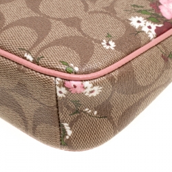Pre Owned Coach Brown/Pink Floral Print Signature Coated Canvas and Leather Clutch 