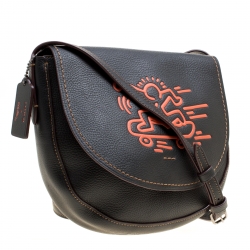 Pre Owned Coach Black Leather Keith Haring Hudson Crossbody Flap Bag