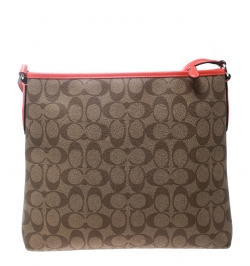 Coach Brown/Coral Orange Signature Canvas and Leather Swingpack File Crossbody Bag 