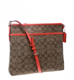 Coach Brown/Coral Orange Signature Canvas and Leather Swingpack File Crossbody Bag 