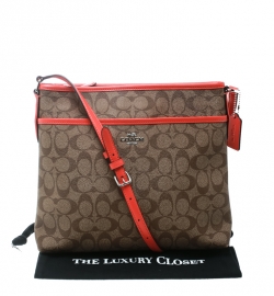 Coach Brown/Coral Orange Signature Canvas and Leather Swingpack File Crossbody Bag 