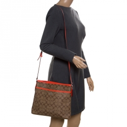 Coach Brown/Coral Orange Signature Canvas and Leather Swingpack File Crossbody Bag 