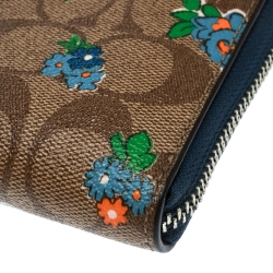 Pre Owned Coach Brown/Blue Coated Canvas and Leather Floral Zip Around Wallet 