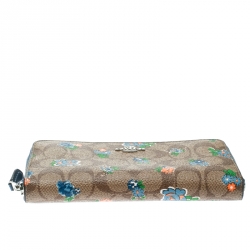 Pre Owned Coach Brown/Blue Coated Canvas and Leather Floral Zip Around Wallet 