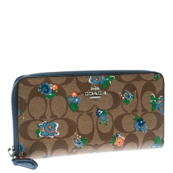 Pre Owned Coach Brown/Blue Coated Canvas and Leather Floral Zip Around Wallet 