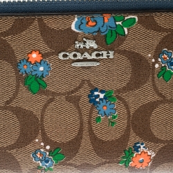 Pre Owned Coach Brown/Blue Coated Canvas and Leather Floral Zip Around Wallet 