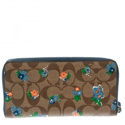 Pre Owned Coach Brown/Blue Coated Canvas and Leather Floral Zip Around Wallet 