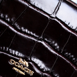 Pre Owned Coach Burgundy Croc Embossed Leather Clutch