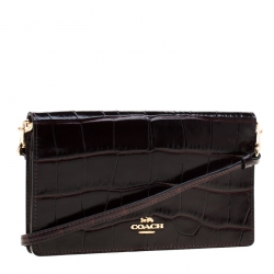 Pre Owned Coach Burgundy Croc Embossed Leather Clutch