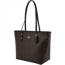 Pre Owned Coach Brown/Black Signature Coated Canvas City Zip Tote