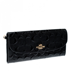 Coach Black Signature Debossed Patent Leather Boxed Soft Wallet