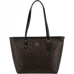 Coach Brown/Black Signature Coated Canvas City Zip Tote