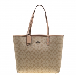 Coach Pink/Beige Floral Print And Signature Coated Canvas Reversible City Tote