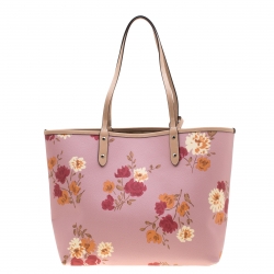 Coach Pink/Beige Floral Print And Signature Coated Canvas Reversible City Tote