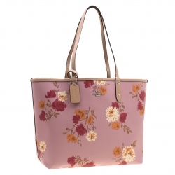 Coach Pink/Beige Floral Print And Signature Coated Canvas Reversible City Tote