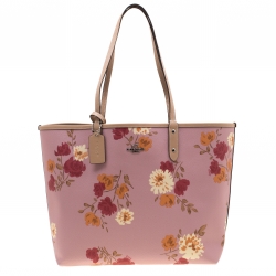 Coach Pink/Beige Floral Print And Signature Coated Canvas Reversible City Tote