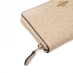 Coach Beige Signature Patent Leather Accordion Zip Around Wallet