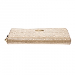 Coach Beige Signature Patent Leather Accordion Zip Around Wallet
