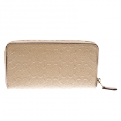 Coach Beige Signature Patent Leather Accordion Zip Around Wallet