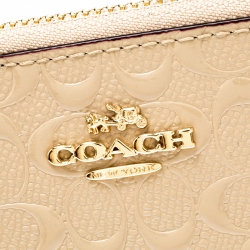 Coach Beige Signature Patent Leather Accordion Zip Around Wallet