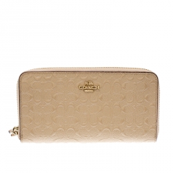 Coach Beige Signature Patent Leather Accordion Zip Around Wallet