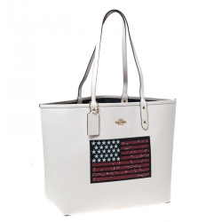 Pre Owned Coach Cream Flag Coated Canvas and Leather Reversible City Tote