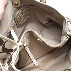 Coach Metallic Gold/Beige Signature Canvas and Leather Stripe Carryall Tote