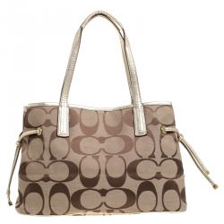 Coach Metallic Gold/Beige Signature Canvas and Leather Stripe Carryall Tote