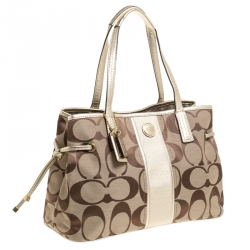 Coach Metallic Gold/Beige Signature Canvas and Leather Stripe Carryall Tote