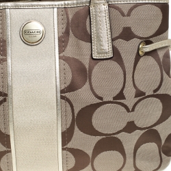 Coach Metallic Gold/Beige Signature Canvas and Leather Stripe Carryall Tote