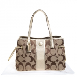 Coach Metallic Gold/Beige Signature Canvas and Leather Stripe Carryall Tote