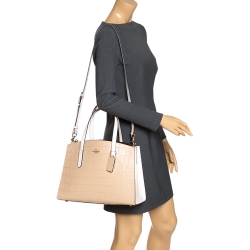 Pre Owned Coach Beige Crocodile Embossed Leather Charlie Tote