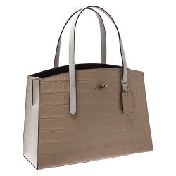 Pre Owned Coach Beige Crocodile Embossed Leather Charlie Tote