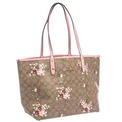 Coach Pink/Beige Signature Floral Print Coated Canvas and Leather Reversible City Tote