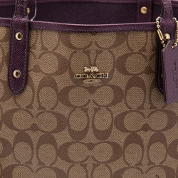 Pre Owned Coach Beige/Purple Signature Coated Canvas and Leather Reversible City Tote