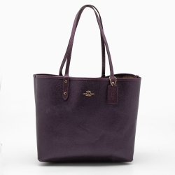 Pre Owned Coach Beige/Purple Signature Coated Canvas and Leather Reversible City Tote