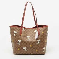 Pre Owned Coach Beige/Tan Snoopy Print Signature Coated Canvas and Leather City Shopper Tote