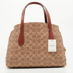 Pre Owned Coach Beige/Brown Signature Coated Canvas and Leather Lora Carryall Tote