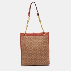 Pre Owned Coach Old Rose/Beige Signature Coated Canvas Cashin Chain Tote