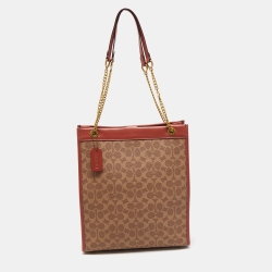 Pre Owned Coach Old Rose/Beige Signature Coated Canvas Cashin Chain Tote