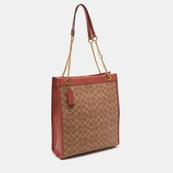 Pre Owned Coach Old Rose/Beige Signature Coated Canvas Cashin Chain Tote
