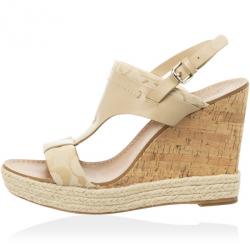 Coach Khaki Leather &amp; Signature Canvas Mendez Cork Wedges Sandals Size 39.5