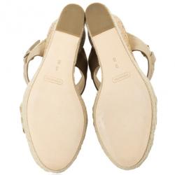 Coach Khaki Leather &amp; Signature Canvas Mendez Cork Wedges Sandals Size 39.5