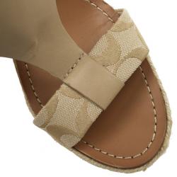 Coach Khaki Leather &amp; Signature Canvas Mendez Cork Wedges Sandals Size 39.5